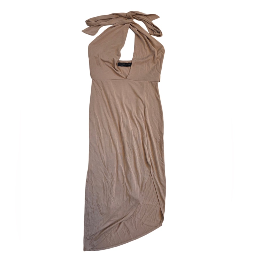 House of Harlow Elegant Tan Halter Dress MIDI Asymmetrical Side Slit Dress! - Picture 5 of 8